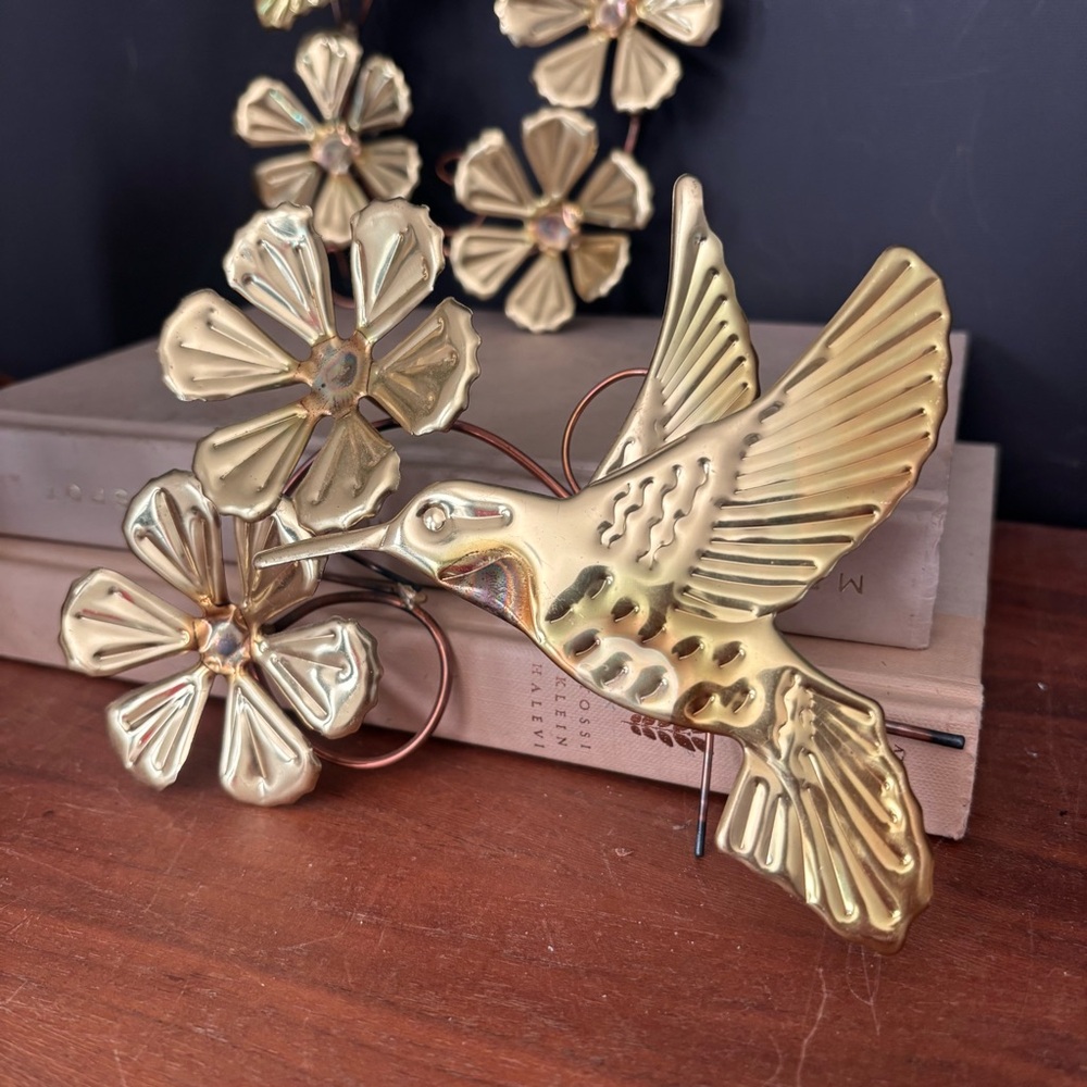 Brass Hummingbird Wall Decor with Floral Accents - Gold - Picture 2 of 6